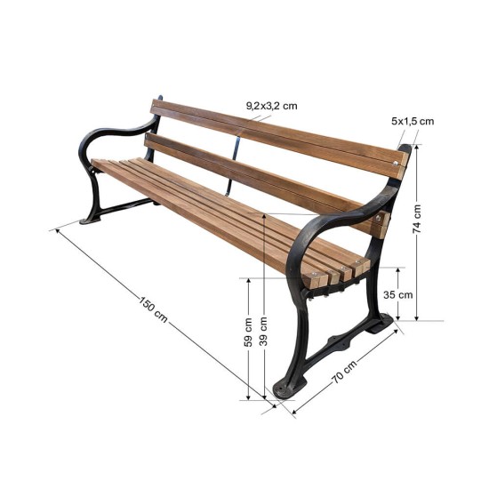 Παγκάκι 3 ατόμων βαρέου τύπου 150 Χ70 Χ74 cm 